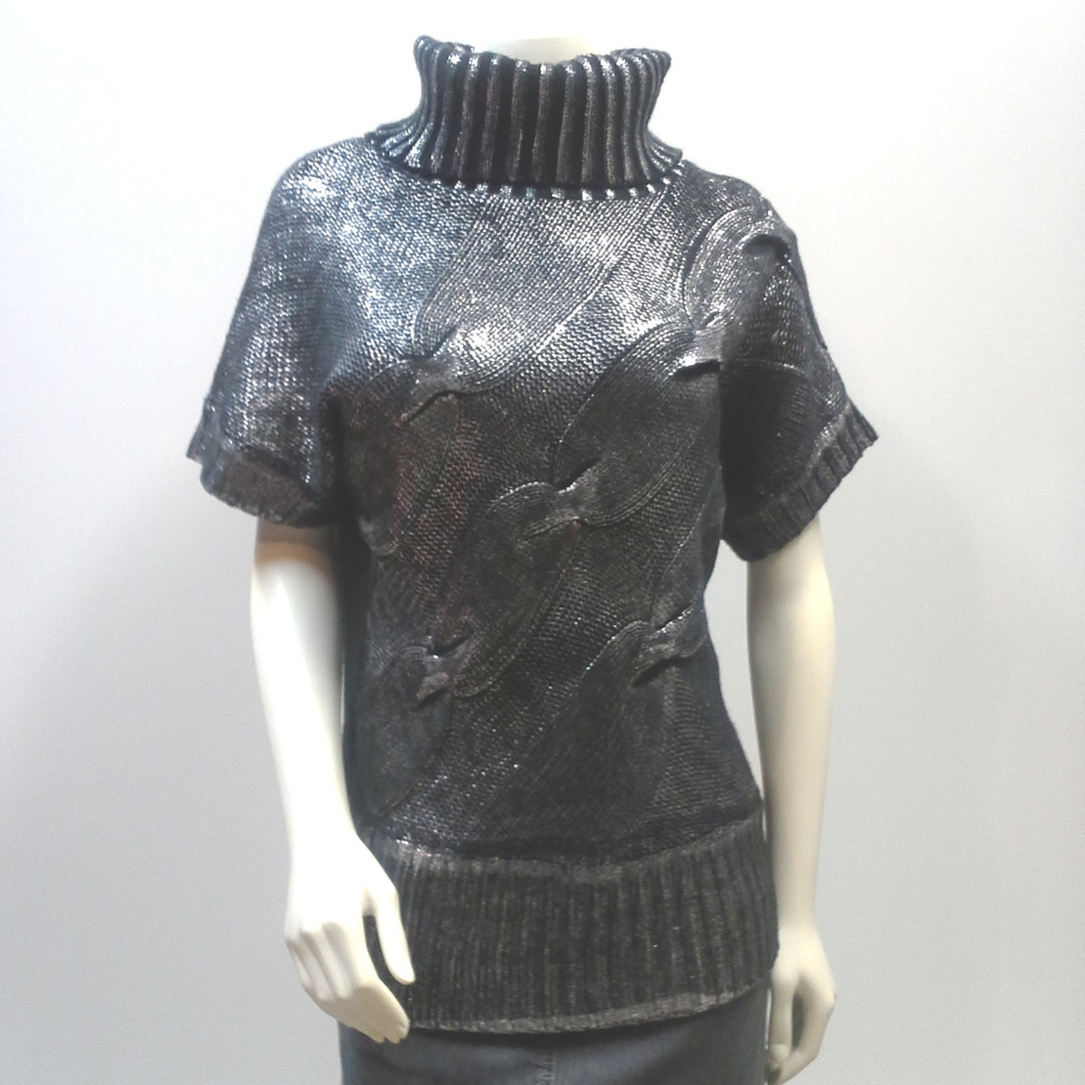 Black Silver Metallic Turtleneck Chunky SS Sweater